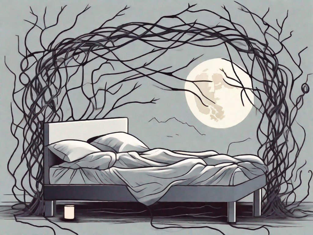 A bed tangled in thorny vines representing stress