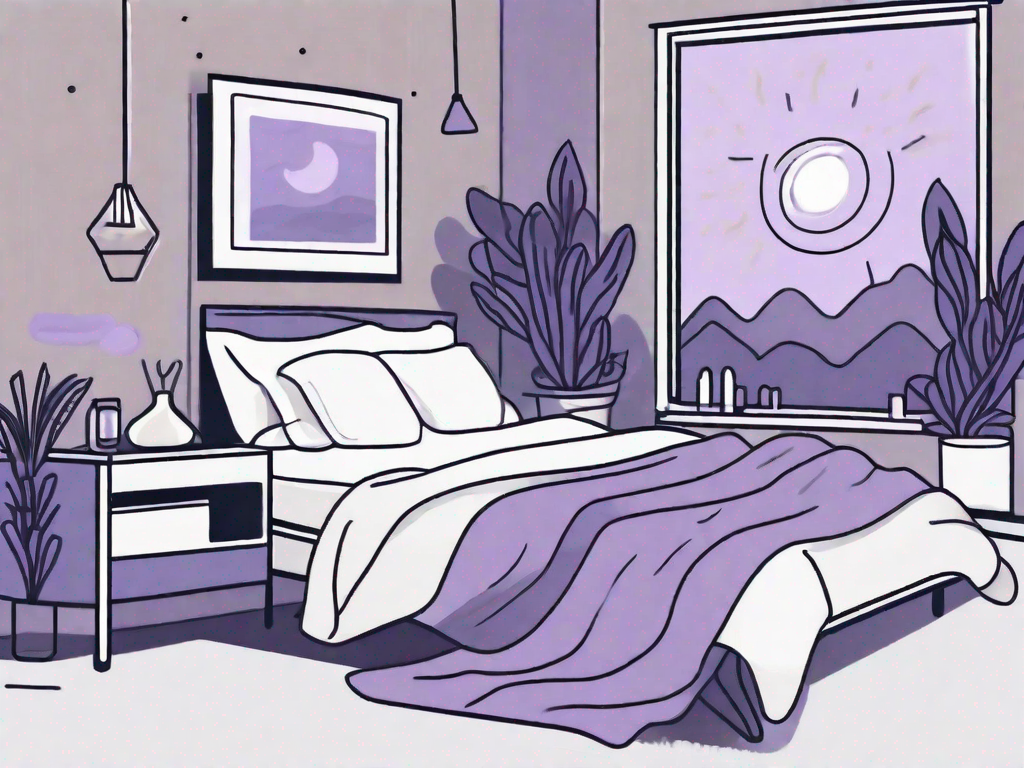 A serene bedroom environment with elements such as a comfortable bed