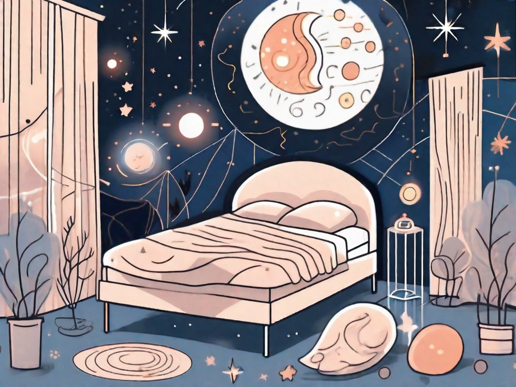 A night scene featuring a bed with a glowing moon and stars