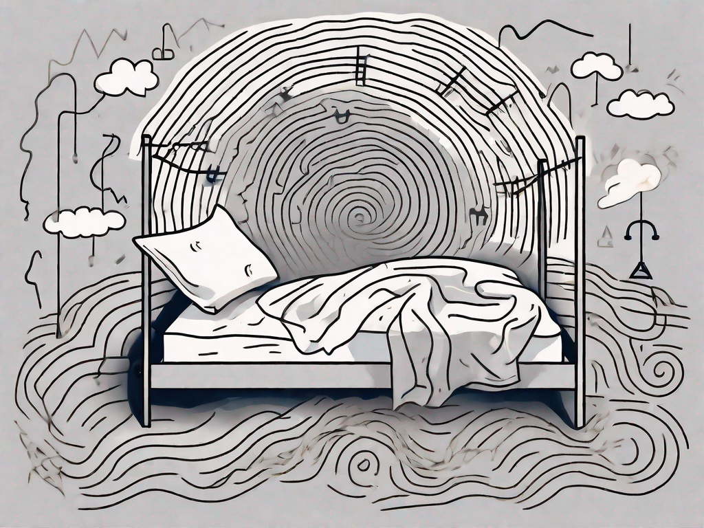 A restless bed with crumpled sheets surrounded by various abstract symbols representing different mental disorders