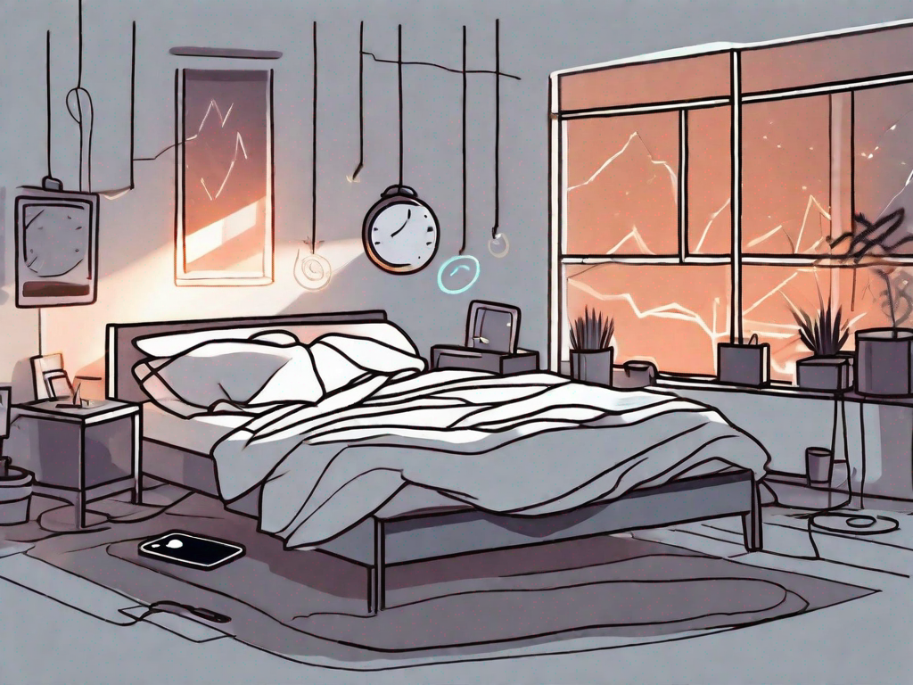 A bedroom at night with a bed in disarray