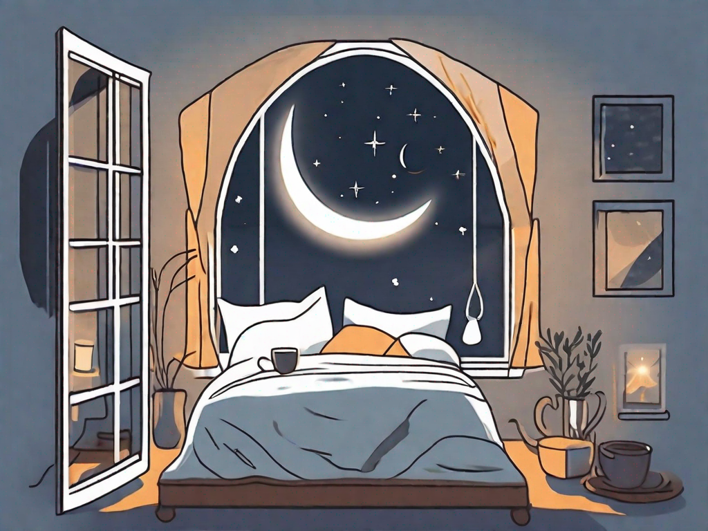 A bed surrounded by various sleep aid items like a sleep mask