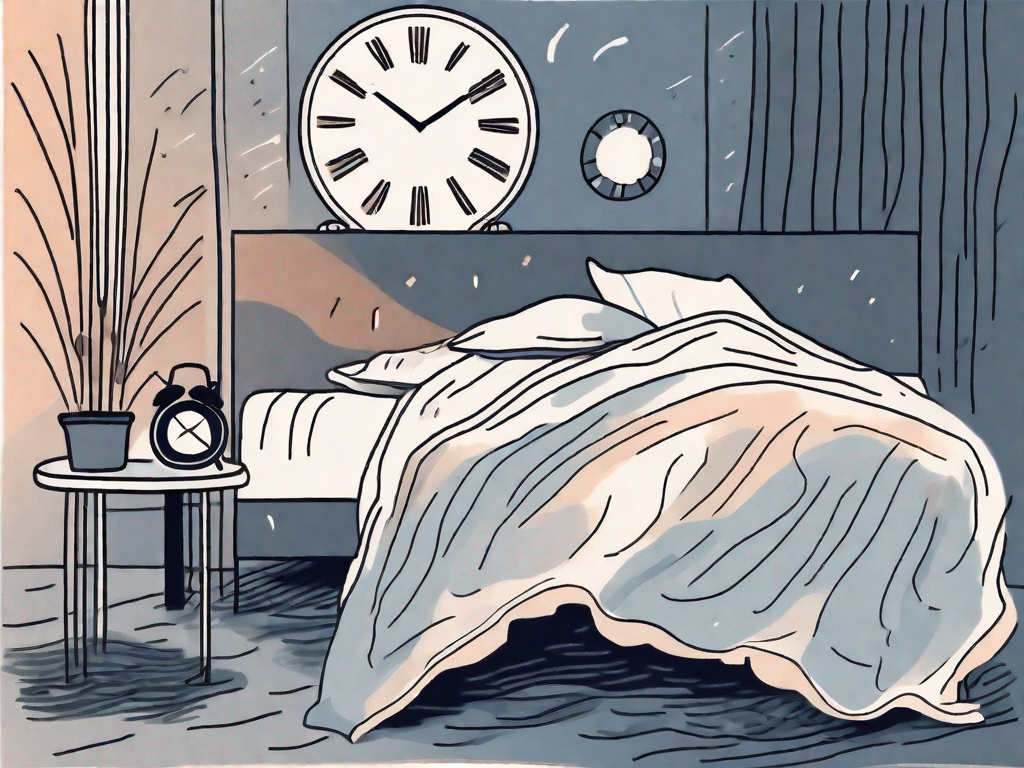 A night scene featuring a bed with rumpled sheets