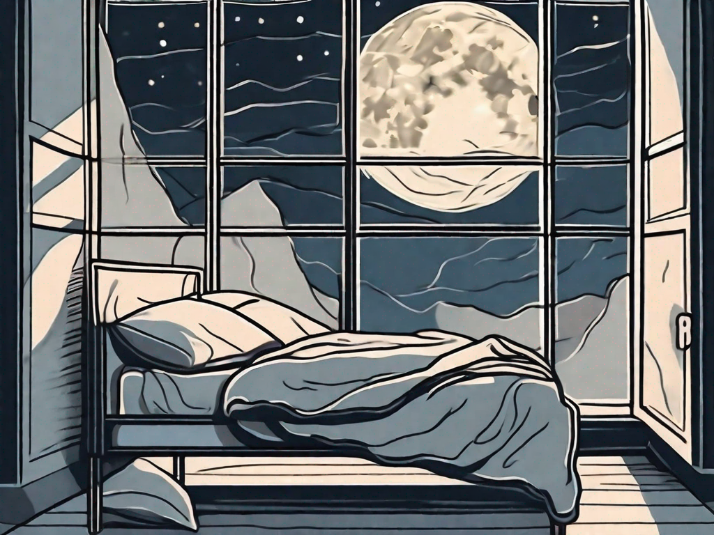 A restless bed with crumpled sheets and a glowing moon through a window