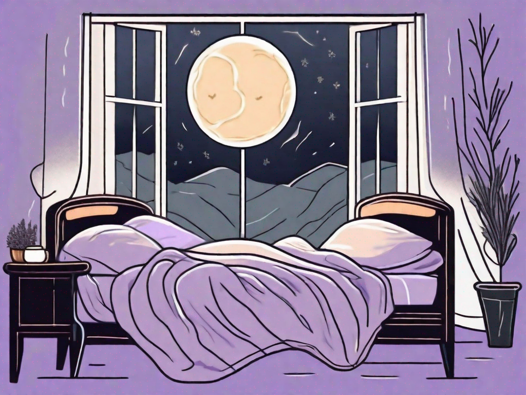 A restless bed with crumpled sheets and a glowing moon through the window