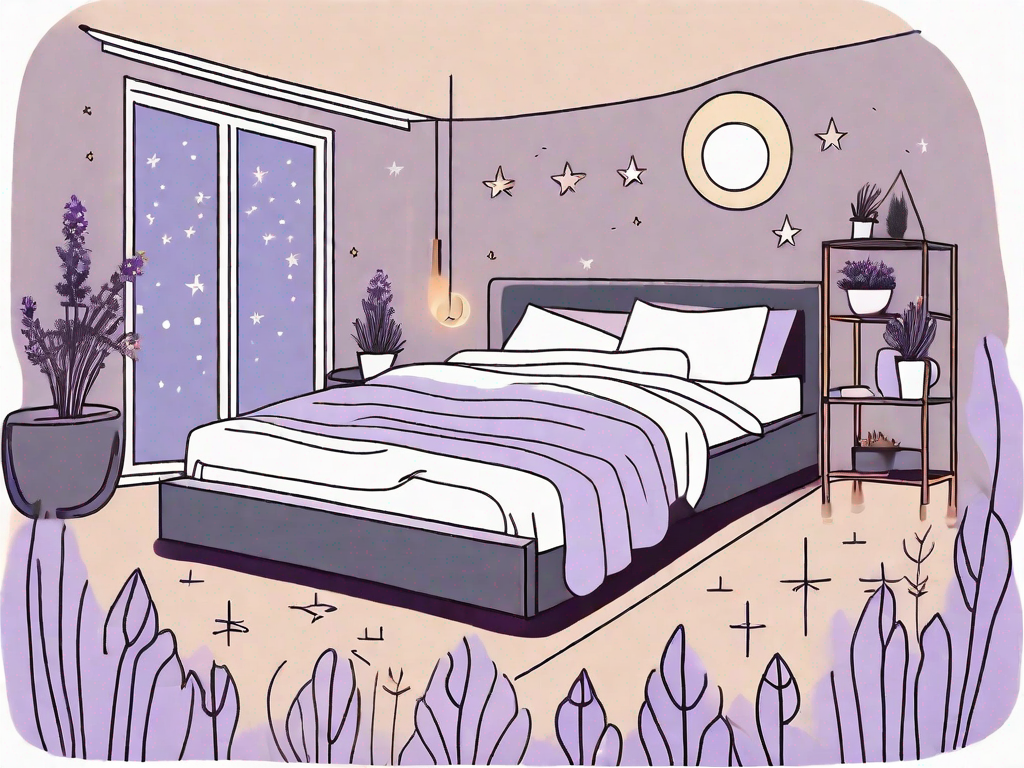 A bed surrounded by various calming elements such as a moon