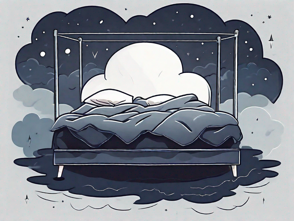 A dark night sky with a bed floating in the middle