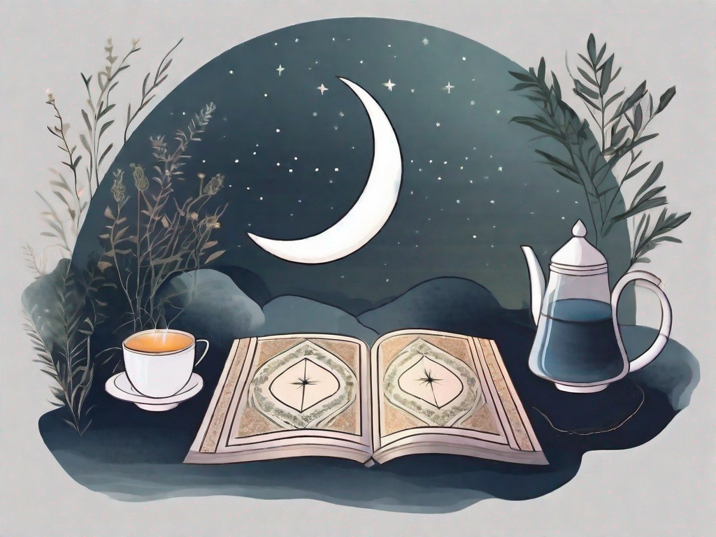 A peaceful night scene with a crescent moon