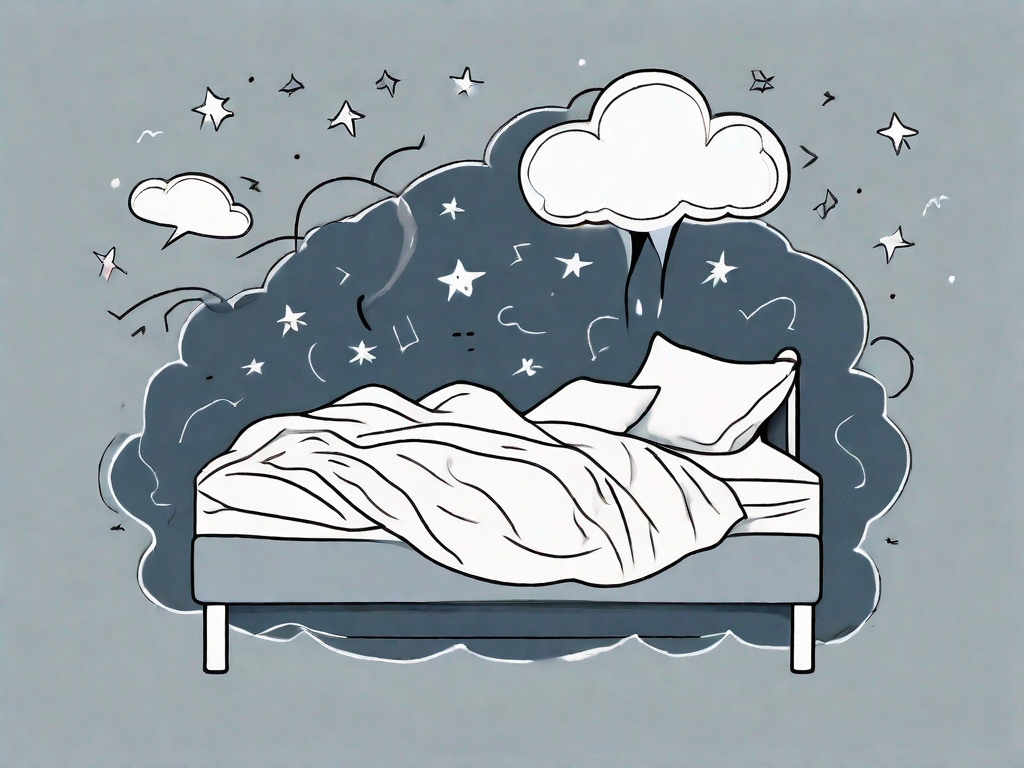 A restless bed with crumpled sheets surrounded by thought bubbles filled with stormy clouds and lightning