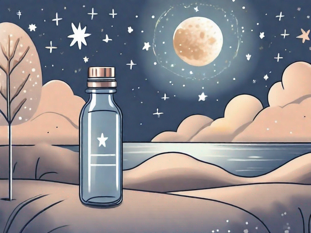 A bottle of vitamin e capsules next to a peaceful night scene