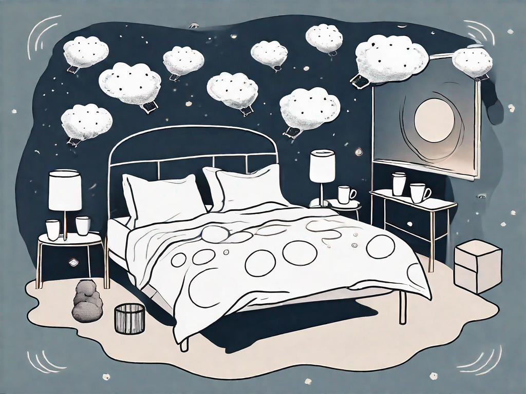 A restless bed in a moonlit room with scattered pillows and sheets