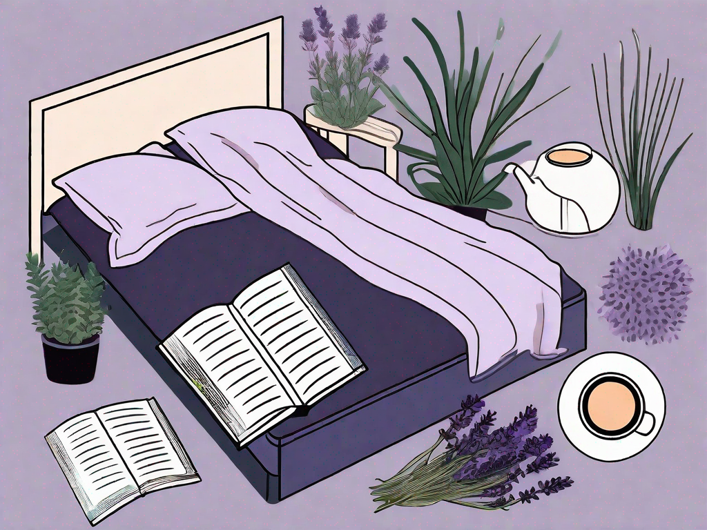 A bed surrounded by various items such as a sleep mask