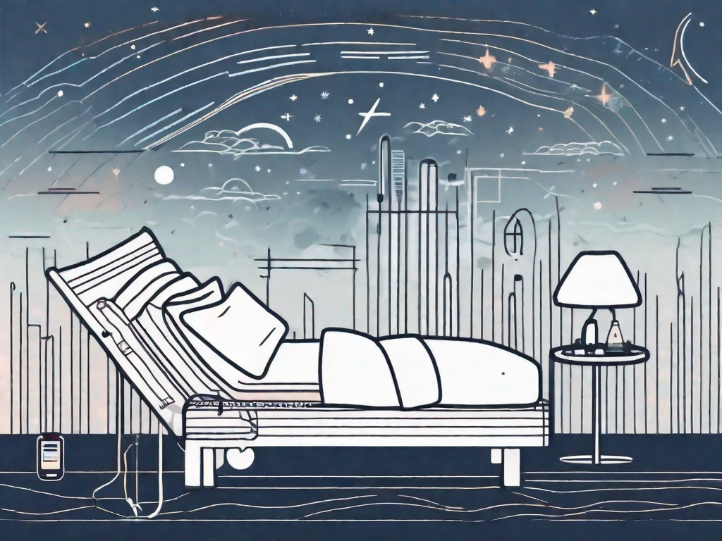 A night sky with a silhouette of a bed