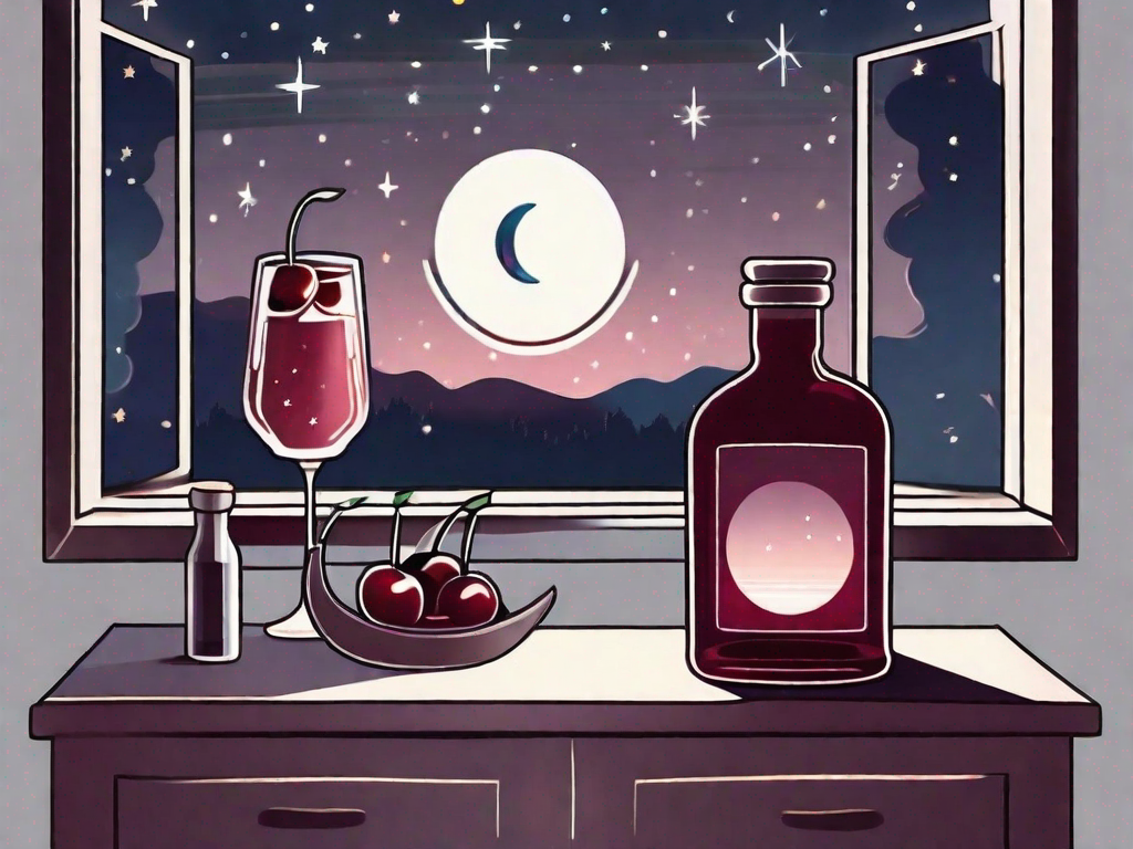 A tranquil night scene with a bottle of cherry juice on a bedside table