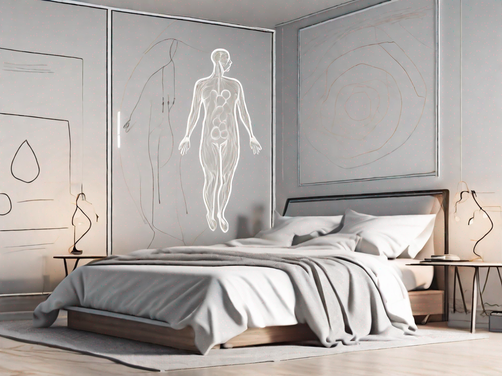 A tranquil bedroom setting with an overlay of various akupressure points highlighted on a silhouette of a sleeping body
