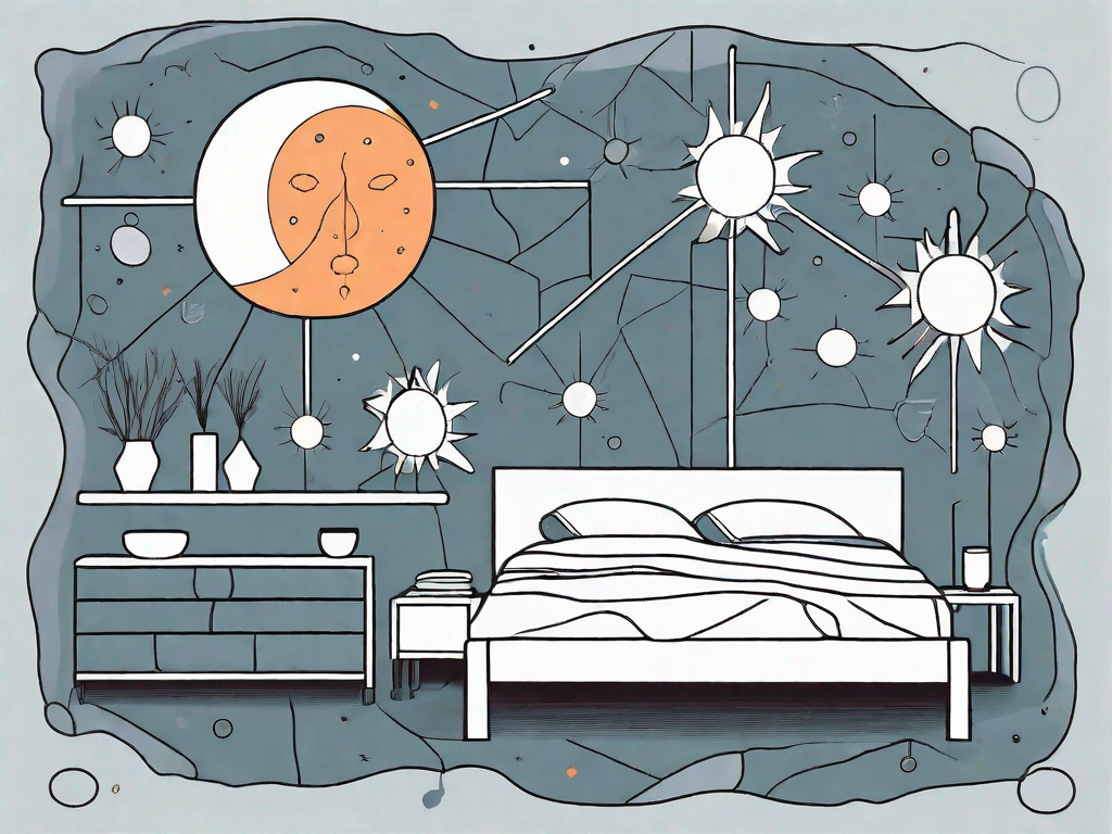 A bed surrounded by symbolic elements of multiple sclerosis such as a broken shield (for immune system) and moon (for sleeplessness)