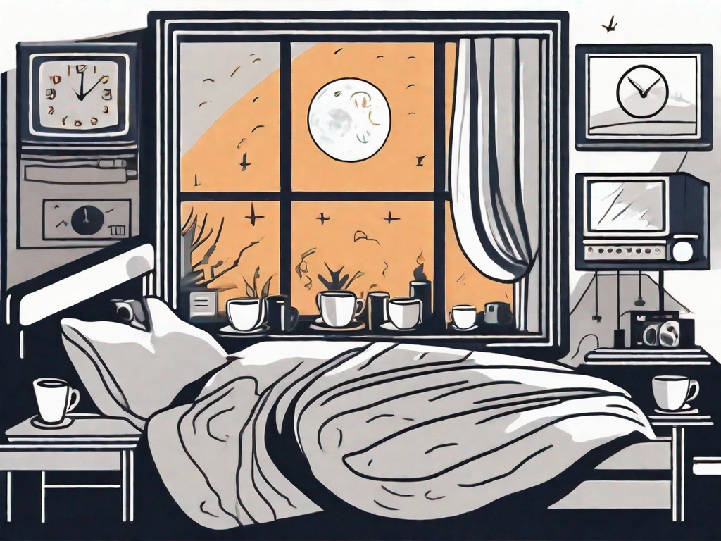 A bed surrounded by various symbols of stress such as clocks