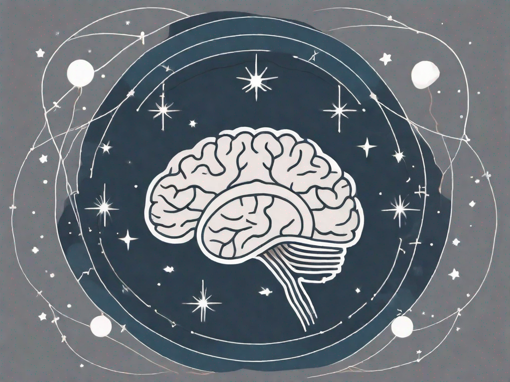 A brain with dopamine molecules on one side and a moon with stars (symbolizing sleep) on the other side