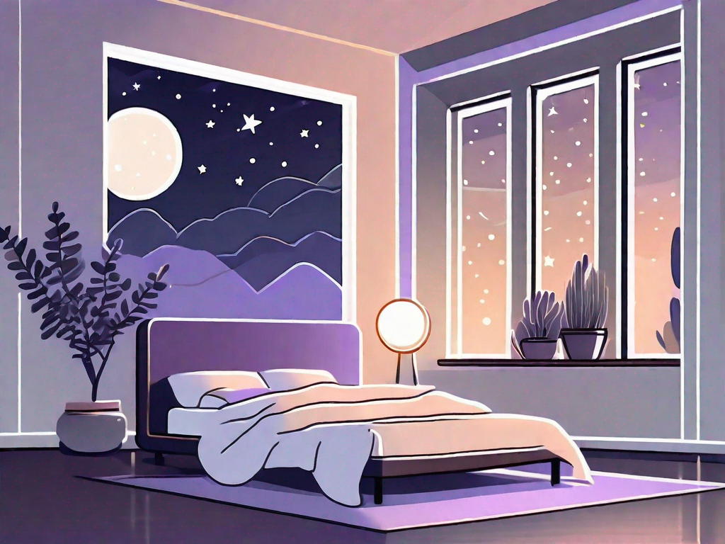 A tranquil bedroom environment with elements such as a comfortable bed