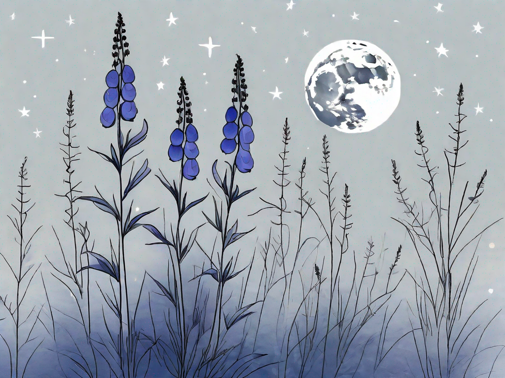 The aconitum plant (also known as monkshood or wolf's bane) in a peaceful nighttime setting