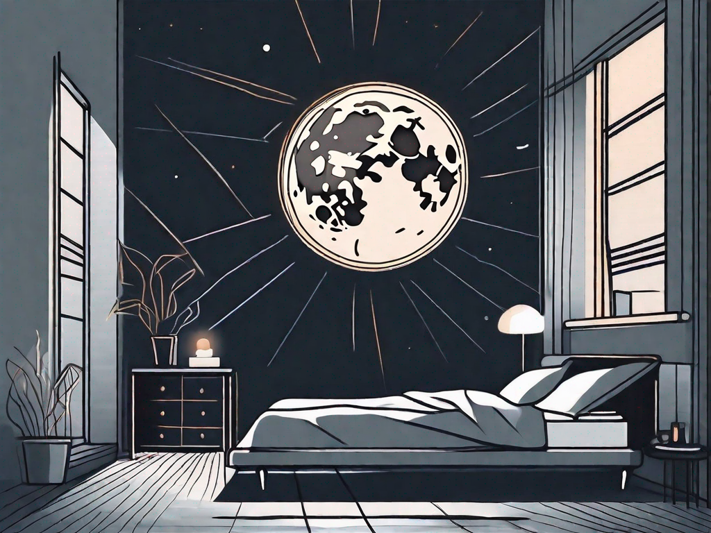 A dark bedroom with a glowing moon visible through the window and a clock showing 3am