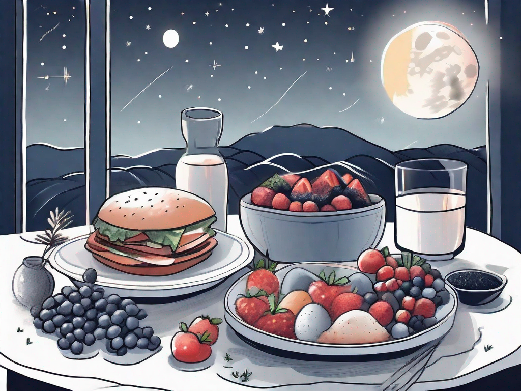 A balanced diet with various healthy foods and a moonlit night scene