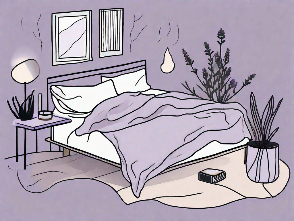 A restless bed with crumpled sheets and a dimly lit bedside lamp