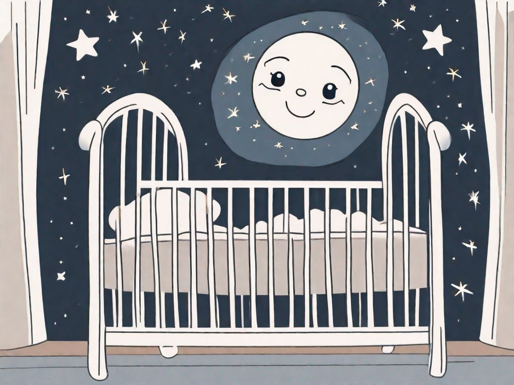 A baby crib with a moon and stars in the background