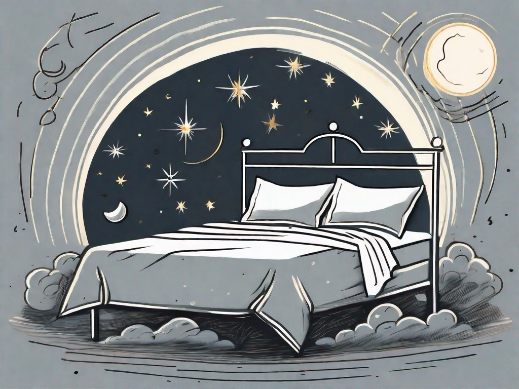 A bed surrounded by symbolic elements such as a moon