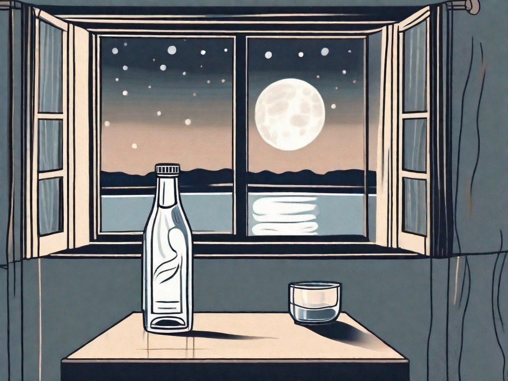 A bottle of tonic water on a nightstand with a moonlit window in the background