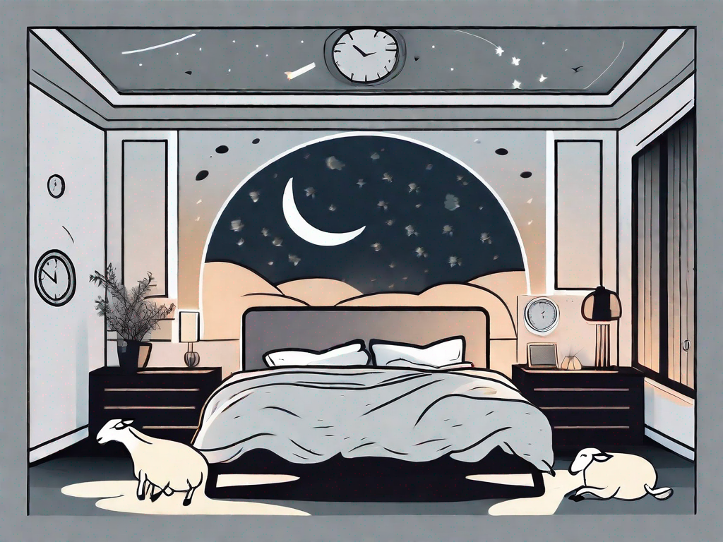 A bed in a dark room with a glowing digital clock showing a late night hour