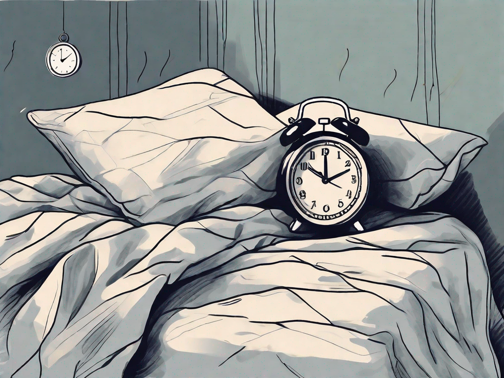 A bed with a crumpled pillow and a clock showing midnight
