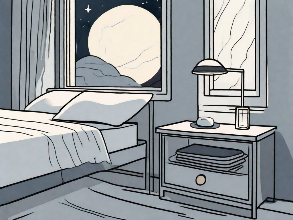 Iron tablets on a nightstand next to a bed with a moonlit window in the background