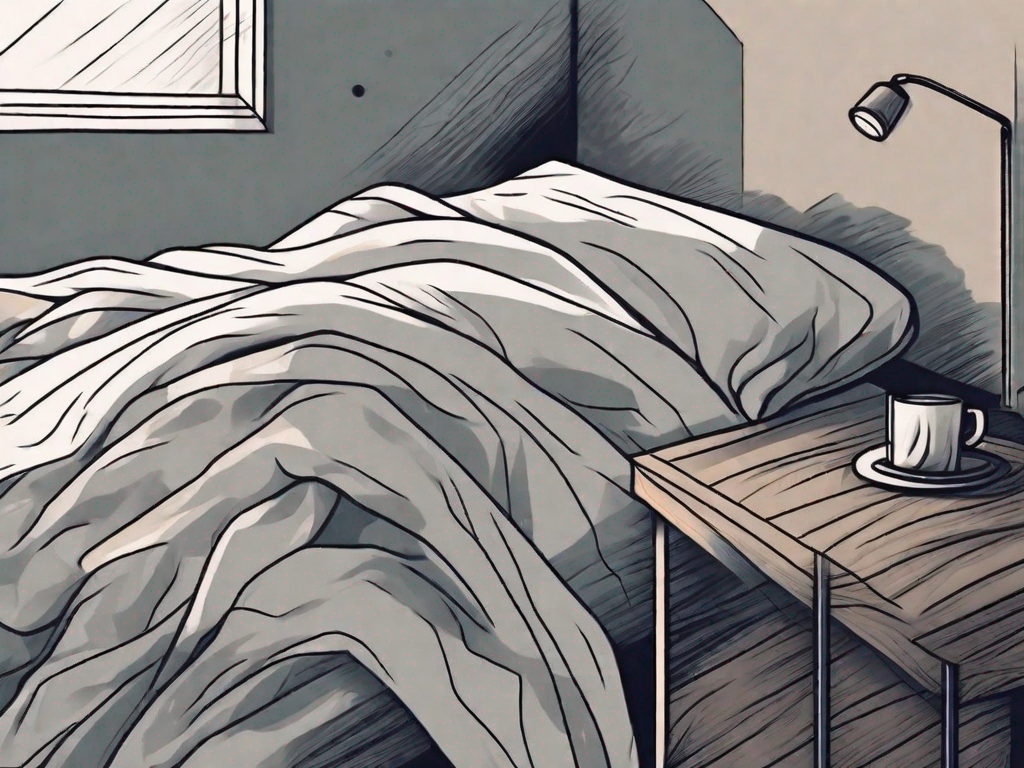 A restless bed with crumpled sheets and a ticking clock in a dimly lit room