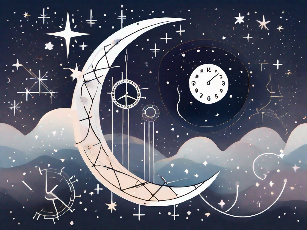 A night sky with a crescent moon and stars