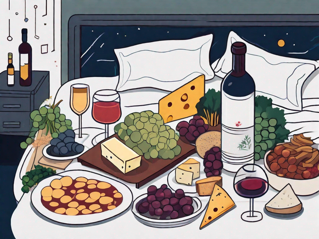 A night scene featuring a bed surrounded by various foods known to be high in histamine