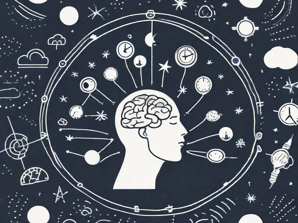 A restless brain with thought bubbles filled with various symbols of stress (like a clock