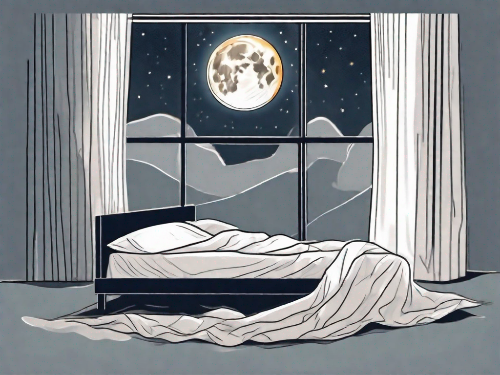 A restless bed with crumpled sheets and a glowing moon outside a window