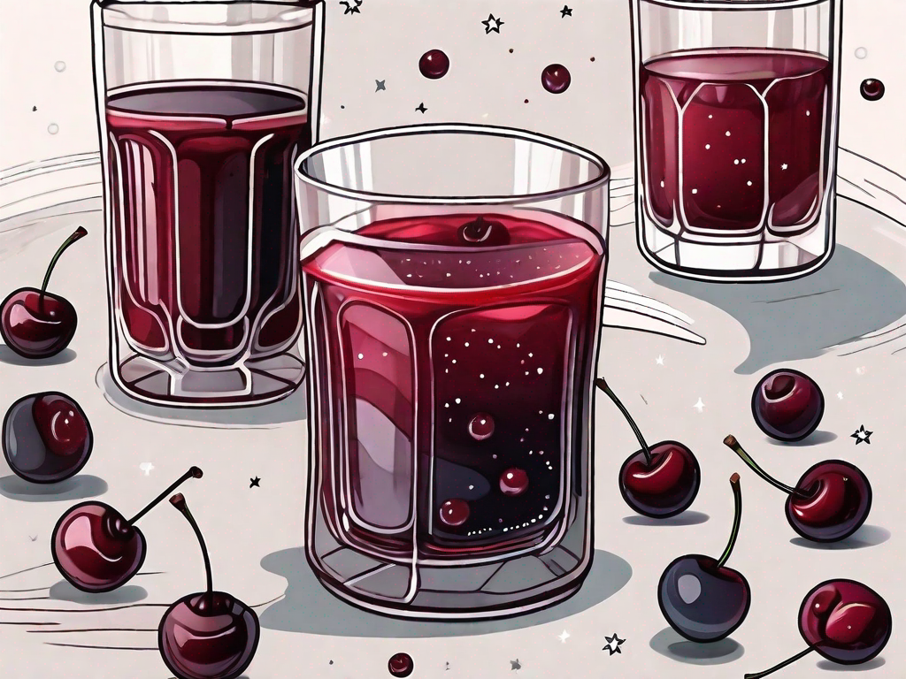 A glass filled with dark red cherry juice
