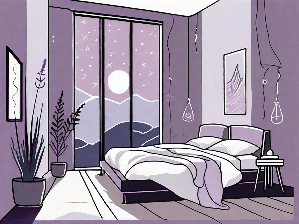 A serene bedroom environment with a moonlit window