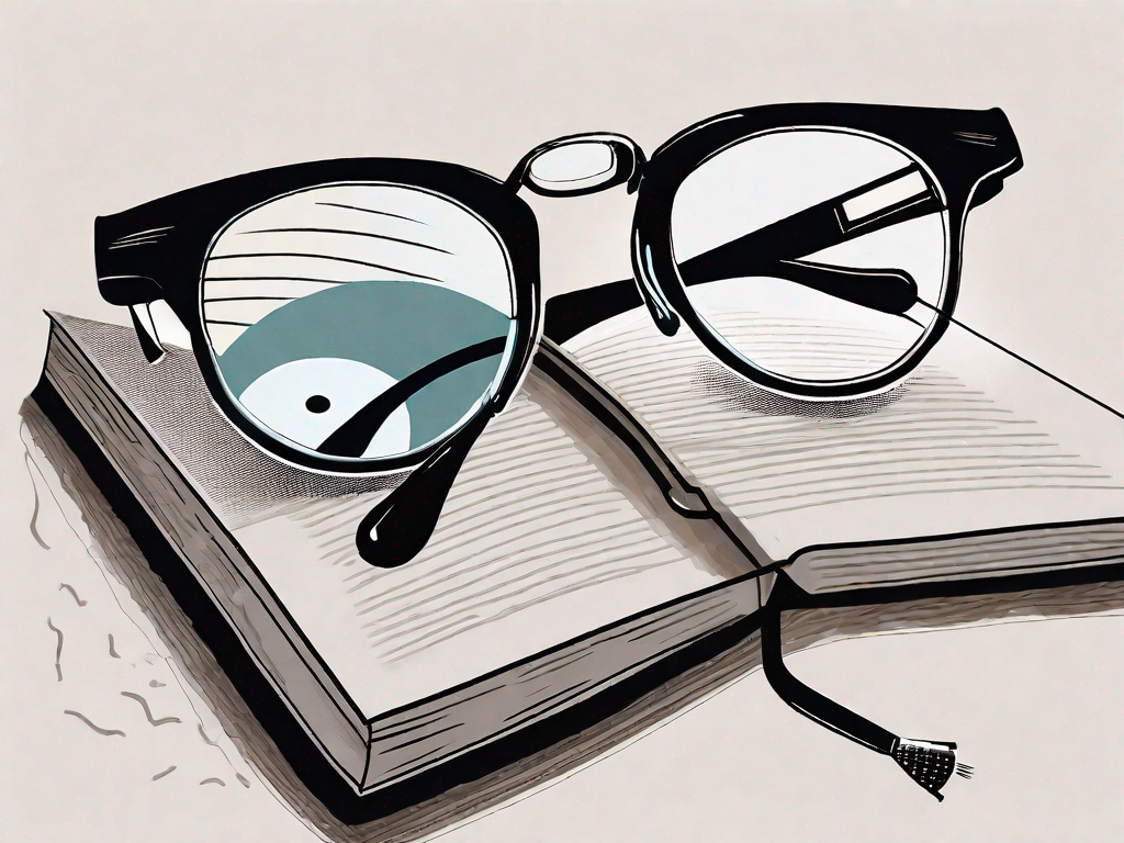 A pair of glasses resting on a book with an alarm clock showing midnight in the background