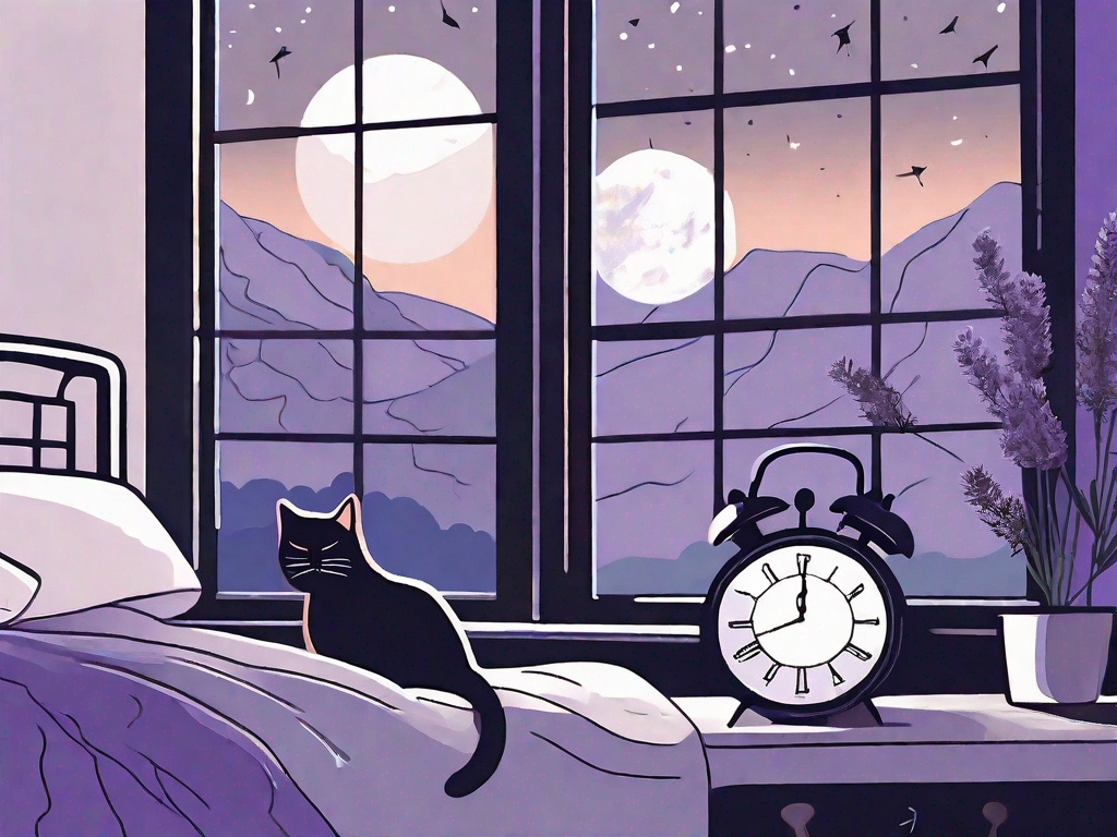 A tranquil bedroom environment with calming elements like a lavender plant