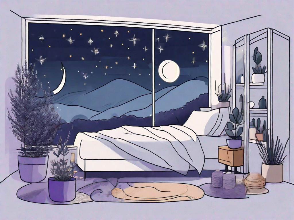 A serene bedroom environment with various natural remedies like a lavender plant