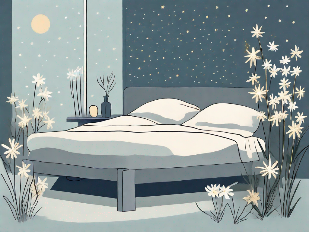 A tranquil night scene featuring a few bach flowers (like star of bethlehem and white chestnut) near a peaceful bed