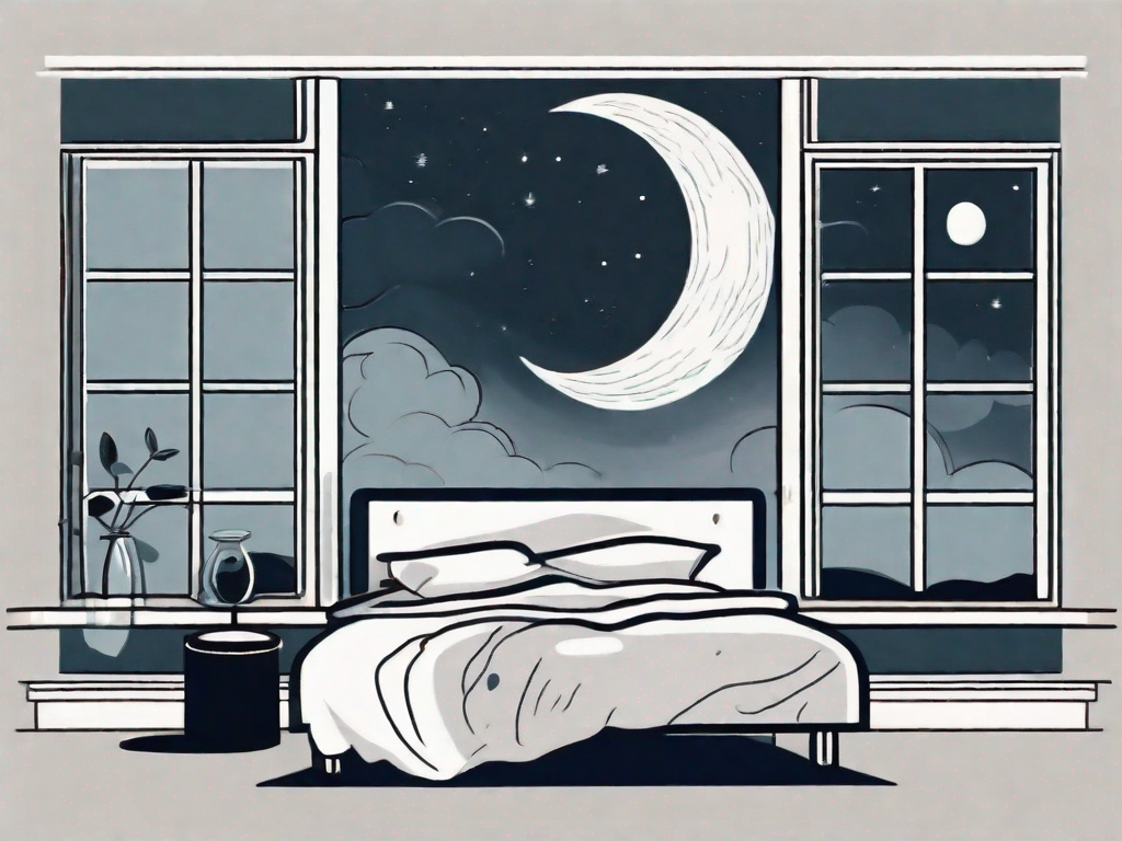 A night scene showing a bed with a bottle of cortison on the bedside table and a moon outside the window that is half-covered by a cloud