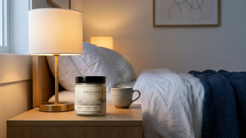 SLEEPSAND Schlafsupplement auf dem Nachttisch in einem gemuetlichen Schlafzimmer bei warmem Lampenlicht